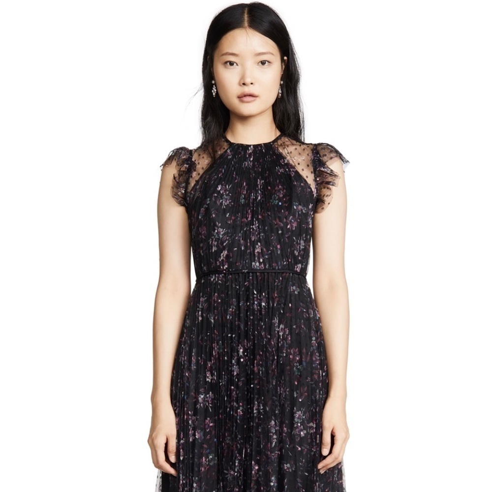 JILL STUART Floral‎ Tulle Sheer Dot Ruffle Flutter Sleeve Pleated Maxi Gown 0 - Picture 11 of 15